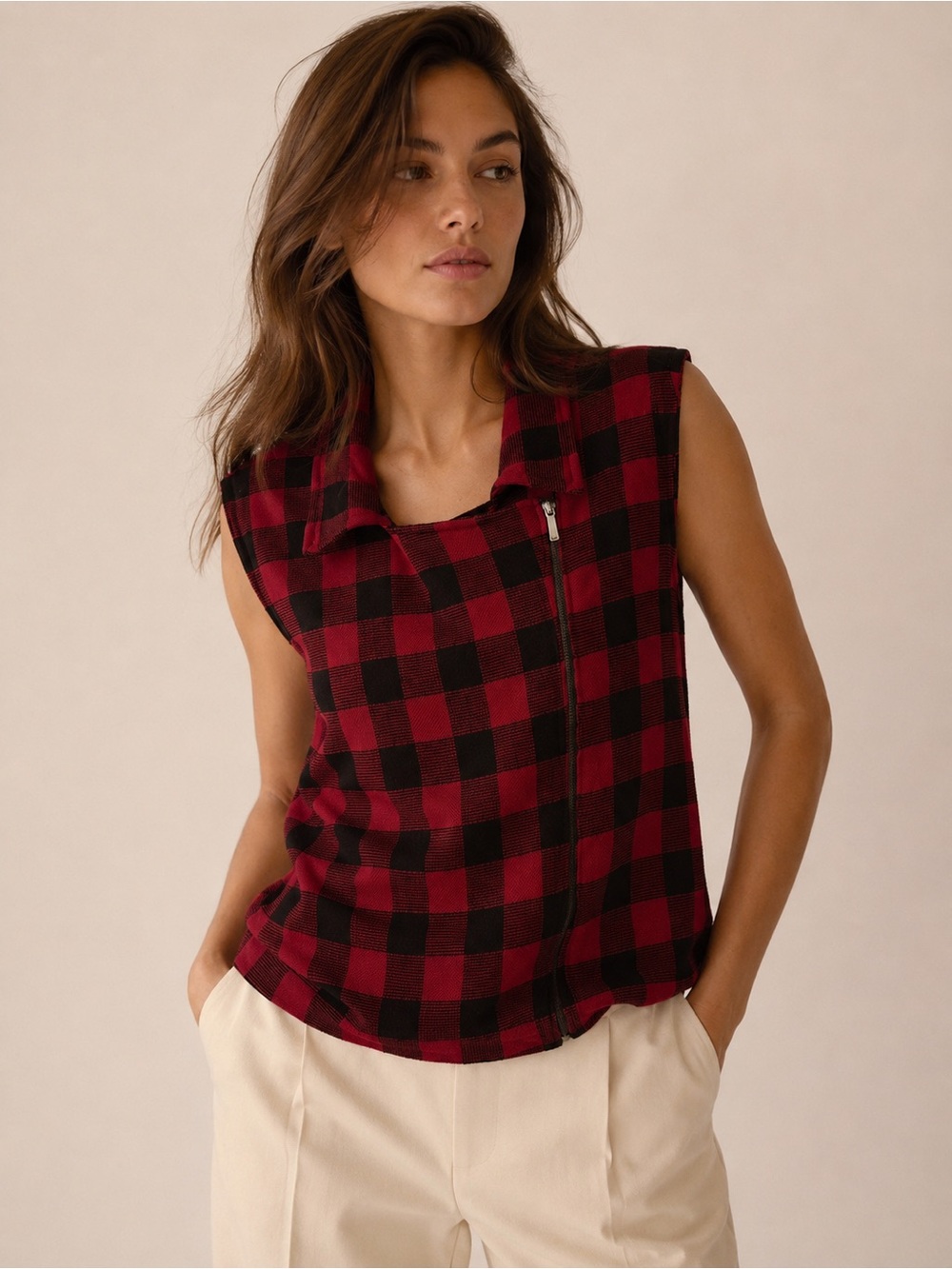 Chaps Red& Black Buffalo Plaid Sleeveless Quarter Zip Knit Sweater Vest Size 3XL